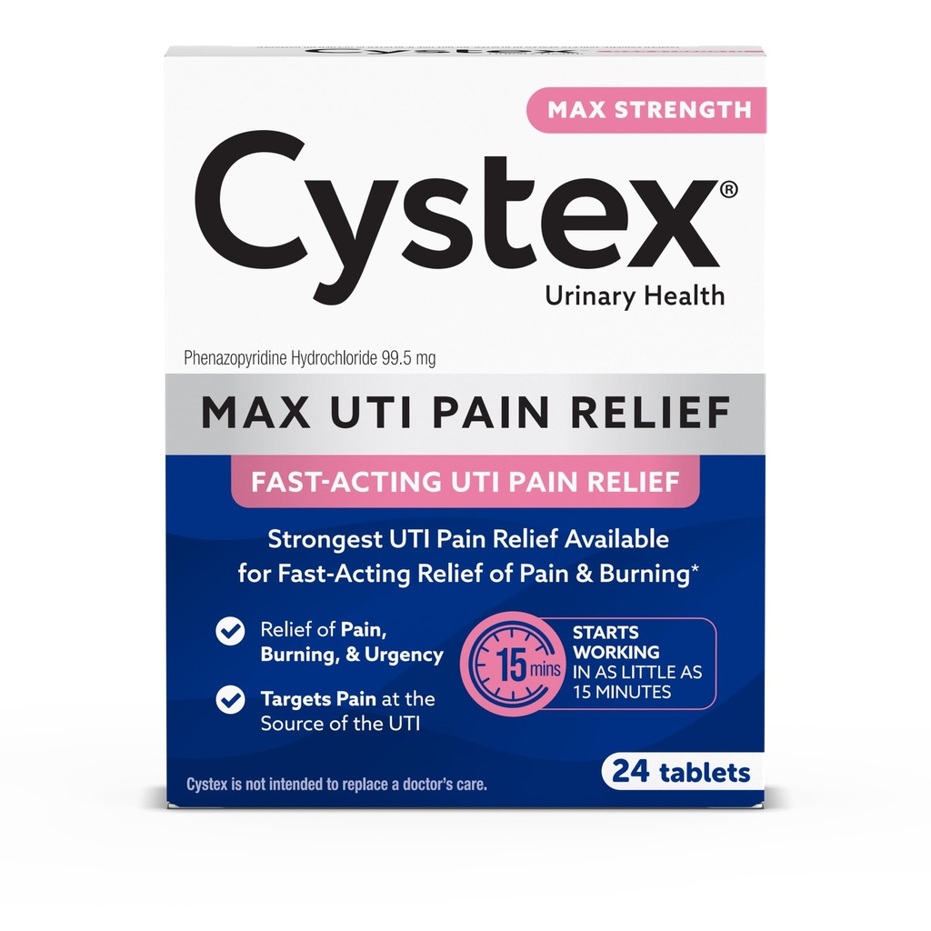 Cystex Maksymalna siła UTI Pain Relief Tablets - 99,5 mg Fenazopyridine HCl dla szybkiej redukcji spalania i dyskomfortu pęcherza - 24- Count