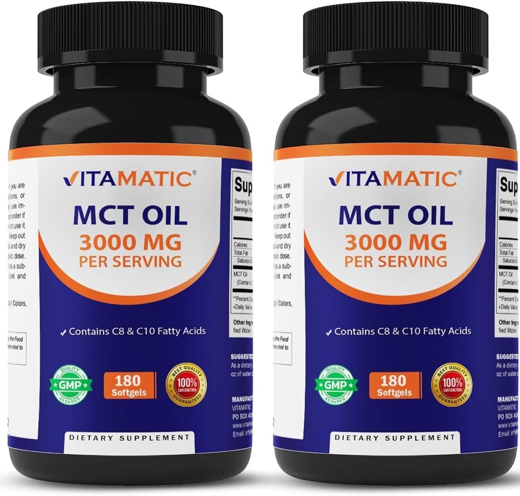 Vitamatic 2 Pakiety oleju MCT kapsułki 3000 mg na jedną porcję - 180 Softgeli - z oleju kokosowego - Zawiera 55% kwasu kaprylowego C8 i 40% kwasu kaprylowego C10 (łącznie 360 Softgel)