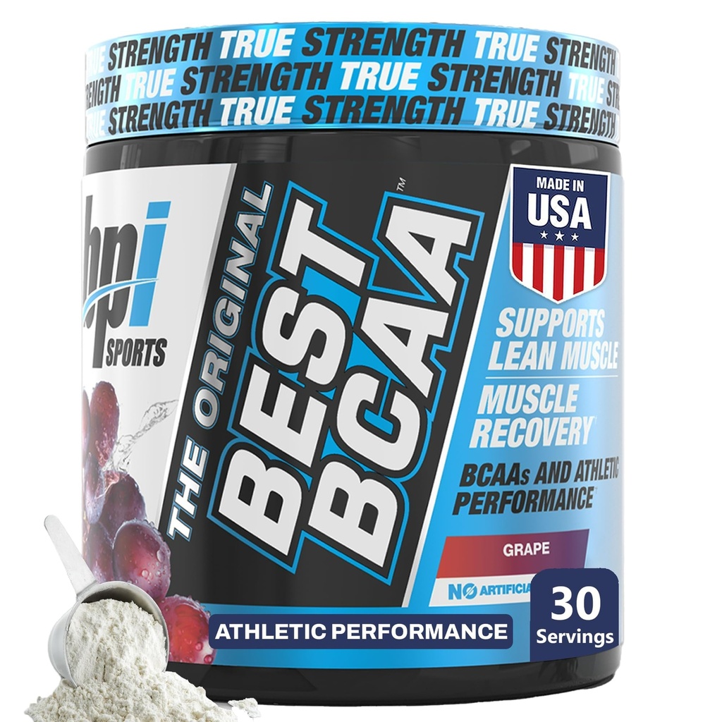 BPI Sports Best BCAA Powder - Wsparcie Odzyskiwania Mięśnie - Branched Chain Amino Acids 124; Bloki budowlane białka i mięśni - Post Workout Recovery - Nawadnianie - Winogrona, 30 Służenia