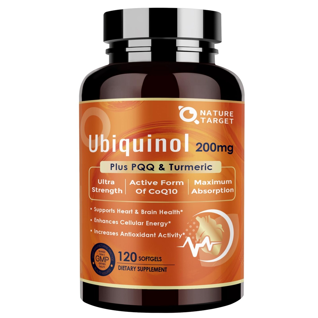NATURE DOCELOWE Ubichinol CoQ10 200mg softgele z PQQ & Turmeric, Wysoka Absorpcja Koenzym Q10 Suplement z ALA & Black Pepper, Przeciwutleniacz do Heart & Brain Health, Produkcja energii, 120 Count
