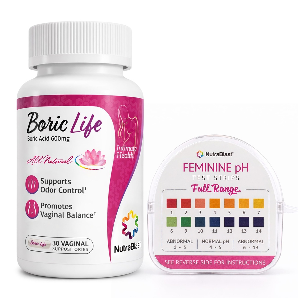 NutraBlast Boric Acid Vaginal Suppositories 600mg (30 Count) & Feminine pH Test Strips 1-14 (100-Tests Roll) | Monitor Feminine Intimate Health | Acidity & Alkalinity Balance