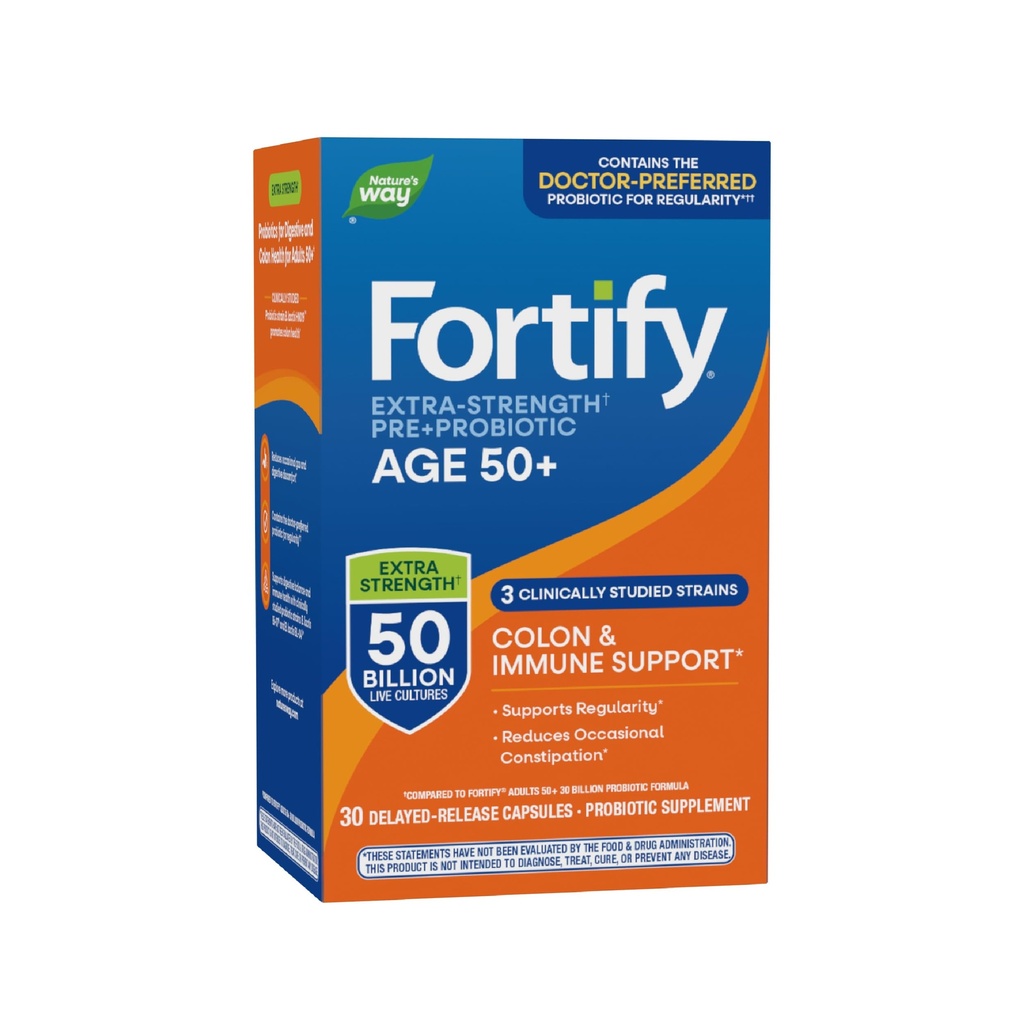 Nature 's Way Fortify Extra Strength (1) Probiotic Dorośli 50 +, 50 Miliard żywych kultur, Prebiotyki, Probiotyki dla zdrowia pożywienia *, Immune Support *, Colon Health *, 30 kapsułki