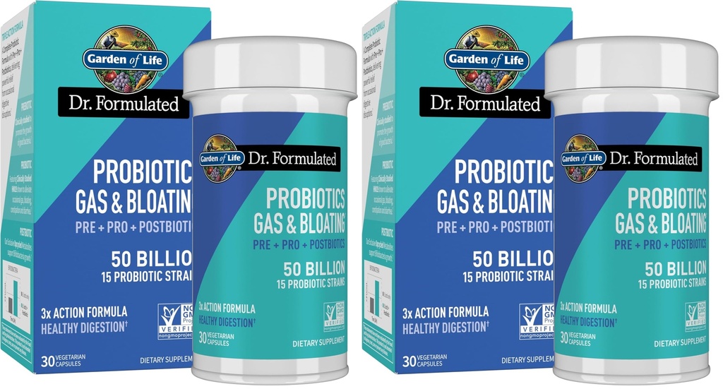 Ogród Życia Dr Przygotowany Pre, Post & Probiotyka Gaz & Bloating Raz dziennie 3- in-1 Kompletne Prebiotyki, Postbiotyki i Probiotyki - 50 Miliard CFU, Non-GMO, Gluten- Free, 30 Day Supply, (Opakowanie 2)