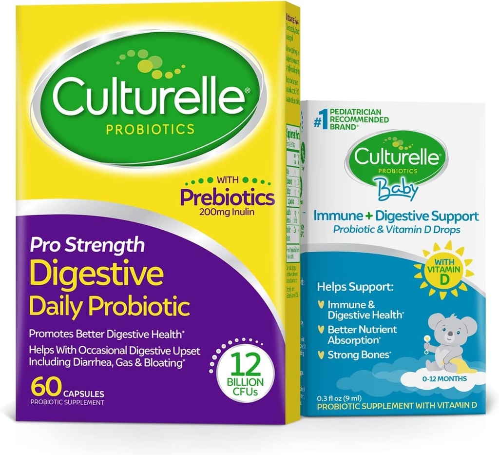 Culturelle Pro Siła Codzienne kapsułki probiotyczne, Probiotyki dla mężczyzn i kobiet 60 Hrabia, 2 miesiące + Culturelle Baby Immune & Digestive Support Probiotic + witaminy D Krople 0- 12 Miesiące, 30 Day Supply, 9ml