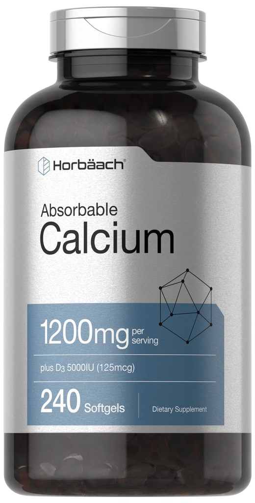 Horbäach Calcium 1200 mg with Vitamin D3 | 240 Softgels | 5000 IU Vitamin D3 | Absorbable Calcium Supplement for Women and Men | Non-GMO, Gluten Free