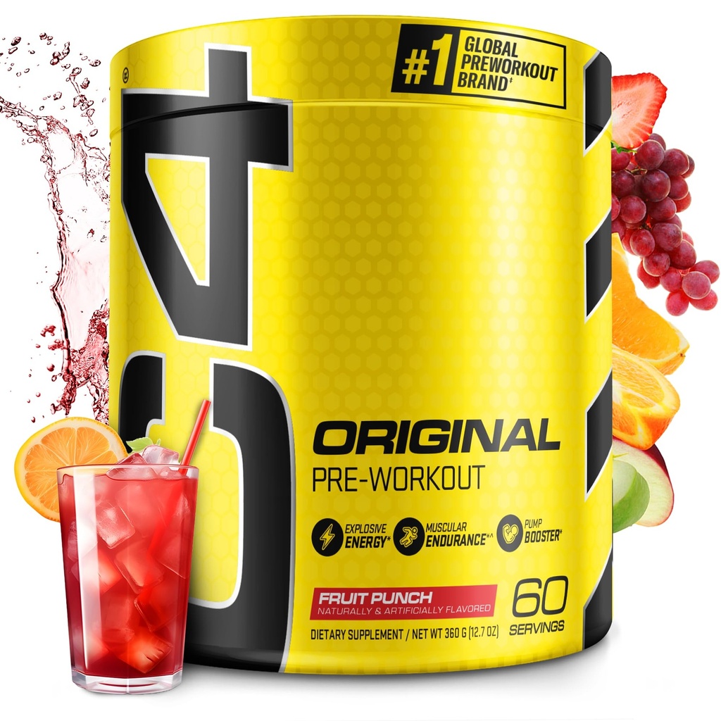 C4 Original Pre Workout Powder Fruit Punch - Witamina C do wsparcia immunologicznego - Energia do treningu wstępnego bez cukru dla mężczyzn i kobiet - 150mg kofeina + Beta Alanina + Kreatyna - 60 Służenie