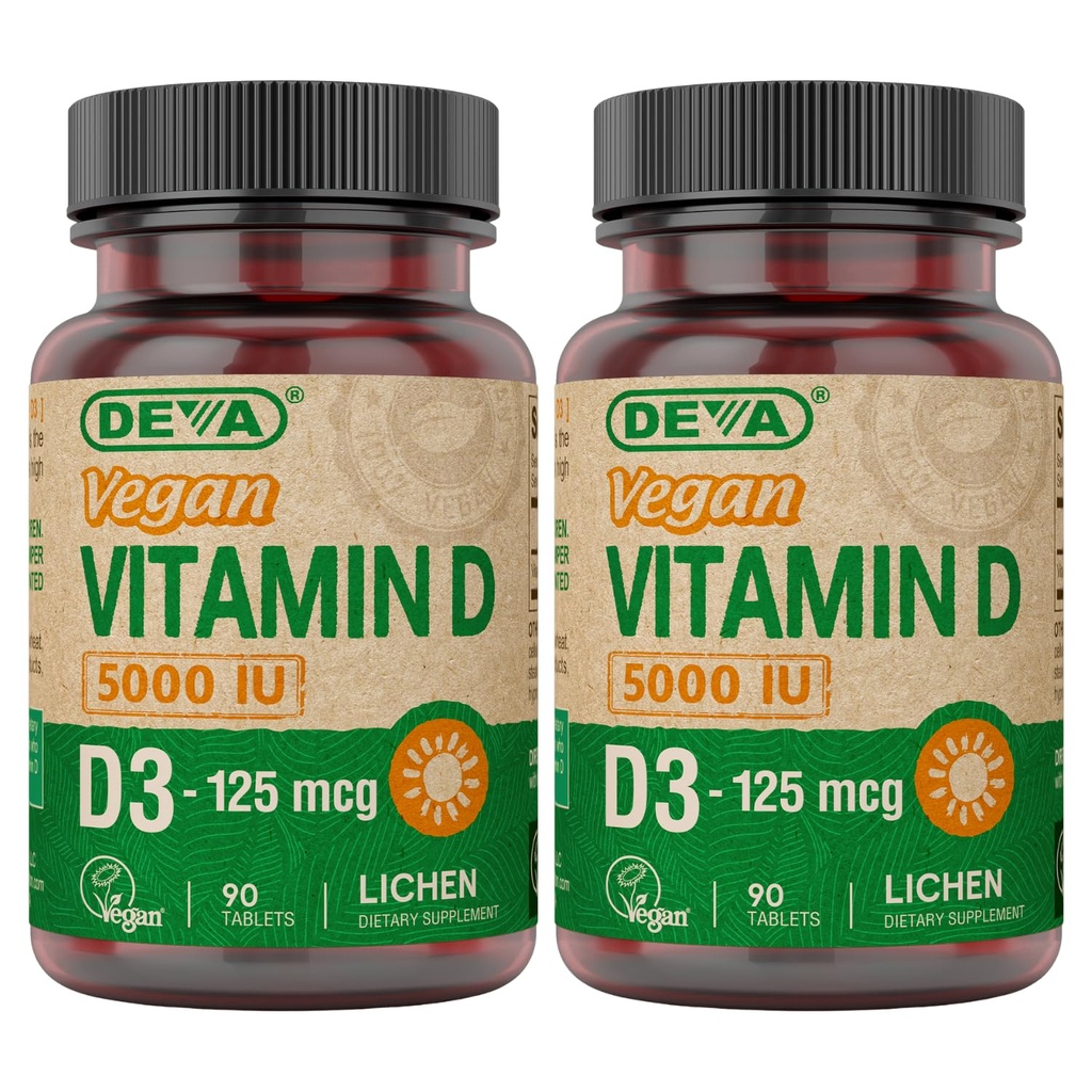 DEVA Witamina D3 5000 IU, Suplement Słoneczny, 125 μg Wegańskiego D3, 90- liczenie butelek (opakowanie po 2)