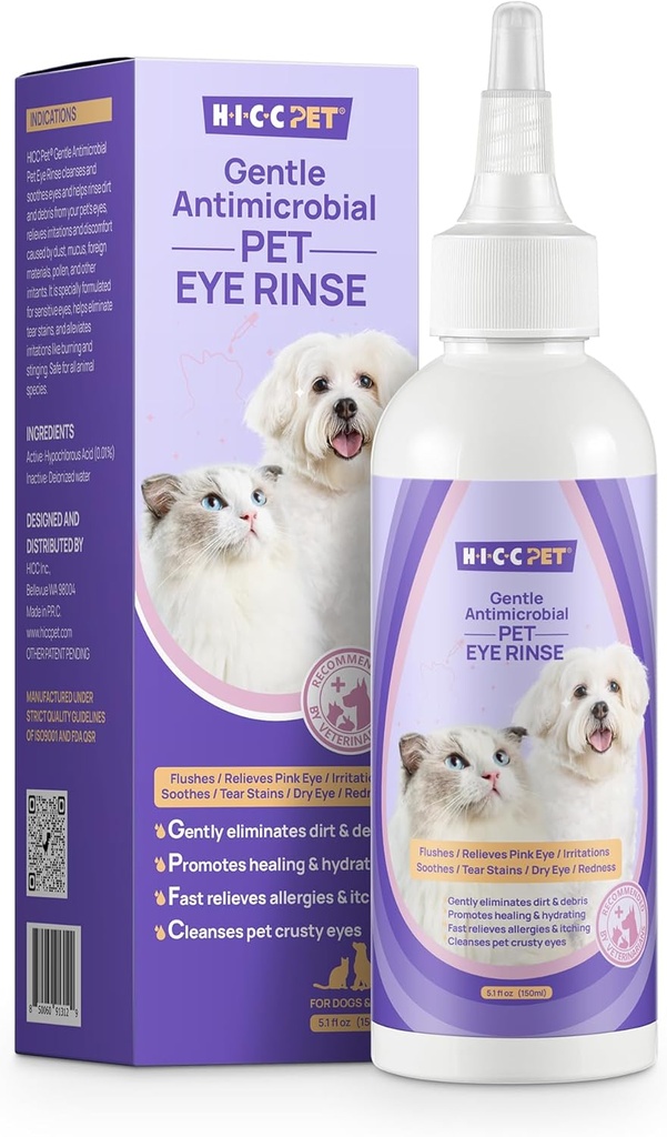 HICC PET Dog Eye Drops 5.1 fl oz Eye Drops for Dogs and Cats - Zalecane leczenie zakażenia oka psa do łagodzenia alergii infekcji, Relieve suche oczy Różowe oczy, Pet Tear Sprzątacz plam