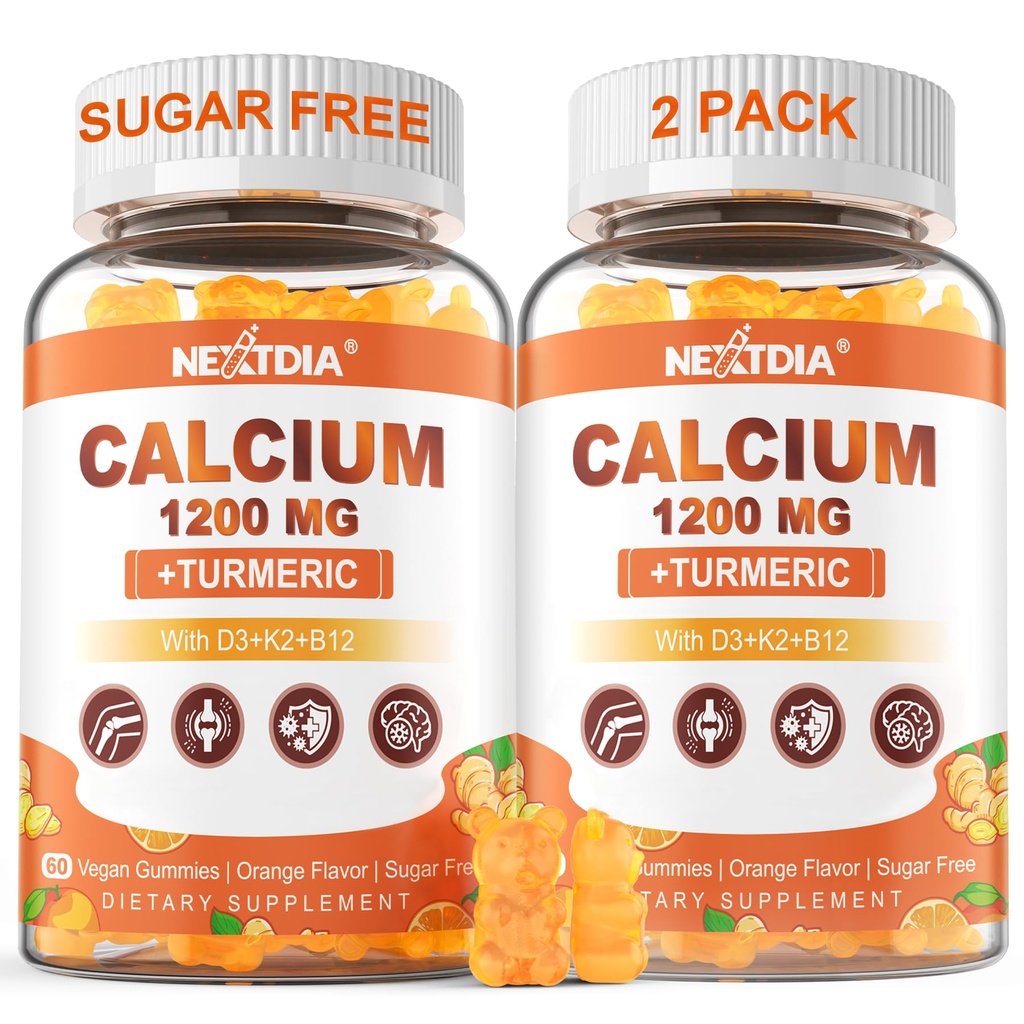 Wapń 1200 mg z witaminą D3 Gummies - Wapń + suplement Turmerowy dla kobiet i mężczyzn z witaminą K2 B12 - Wsparcie kości i mięśni - Bez cukru - Wegan (120 Hrabia)