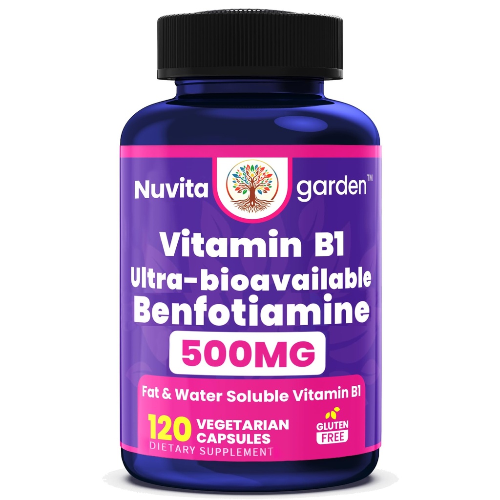 500mg Benfotiamine Thiamine Vitamin B1, Ultra bioavailable Vitamin B1- Fat & Water Soluble Thiamine B1,120 Vegetarian Capsules, high Potency Gluten Free, Made in USA cGMP Facility