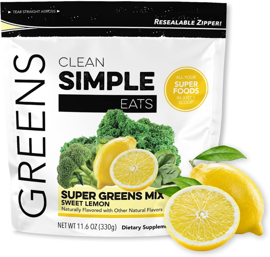 Czyste proste jedzenie Super Zielone Proszek, naturalnie pachnące Zielone Proszek z Chlorella, Spirulina, Superfoods & Fiber prebiotyczny, Brak sztucznych składników, Gluten Free, Słodka Lemon Flavor, 30 Służenia