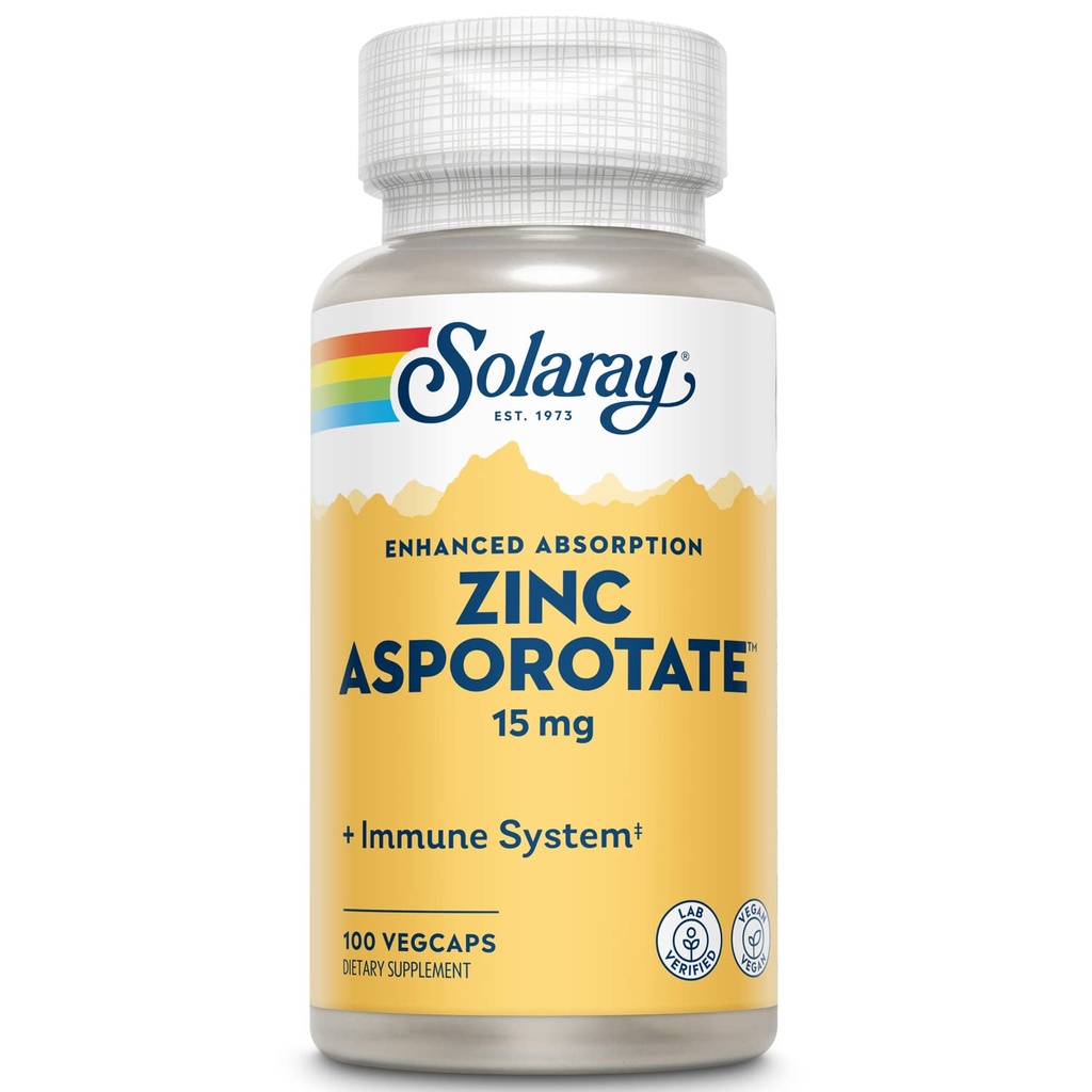 Solaray Cynk Asporotat 15 mg Chelated Complex 124; Wsparcie immunologiczne i endokrynologiczne, Cell & Skin Health Formula, 100 VegaCaps