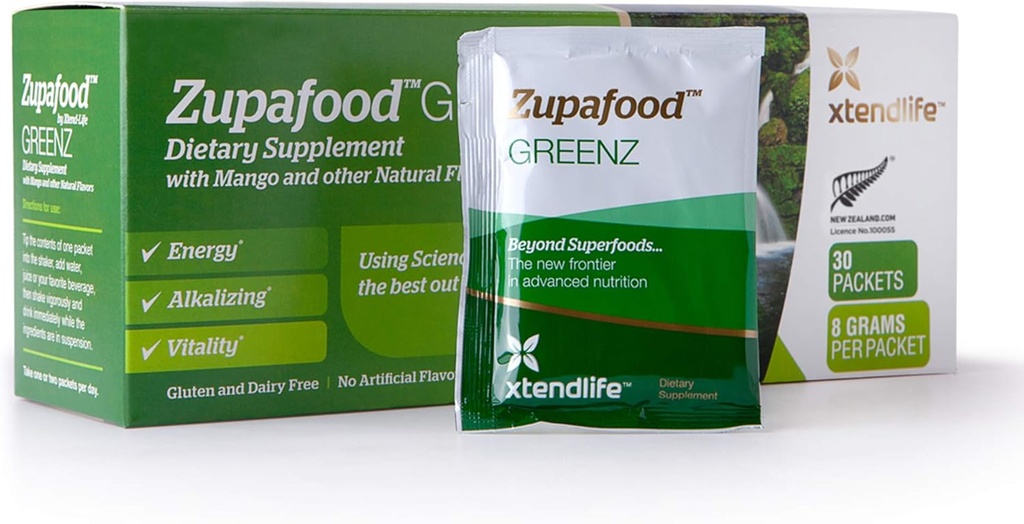 Xtendlife Zupafood GREENZ Proszek - Organic Greens Proszek Superfood Detox Juice Mix z Spirulina / Wheatgrass dla Gut Health, Natural Detoksyfication & Silne odporność 124; 30 Opakowania (Vegan & Gluten Free)