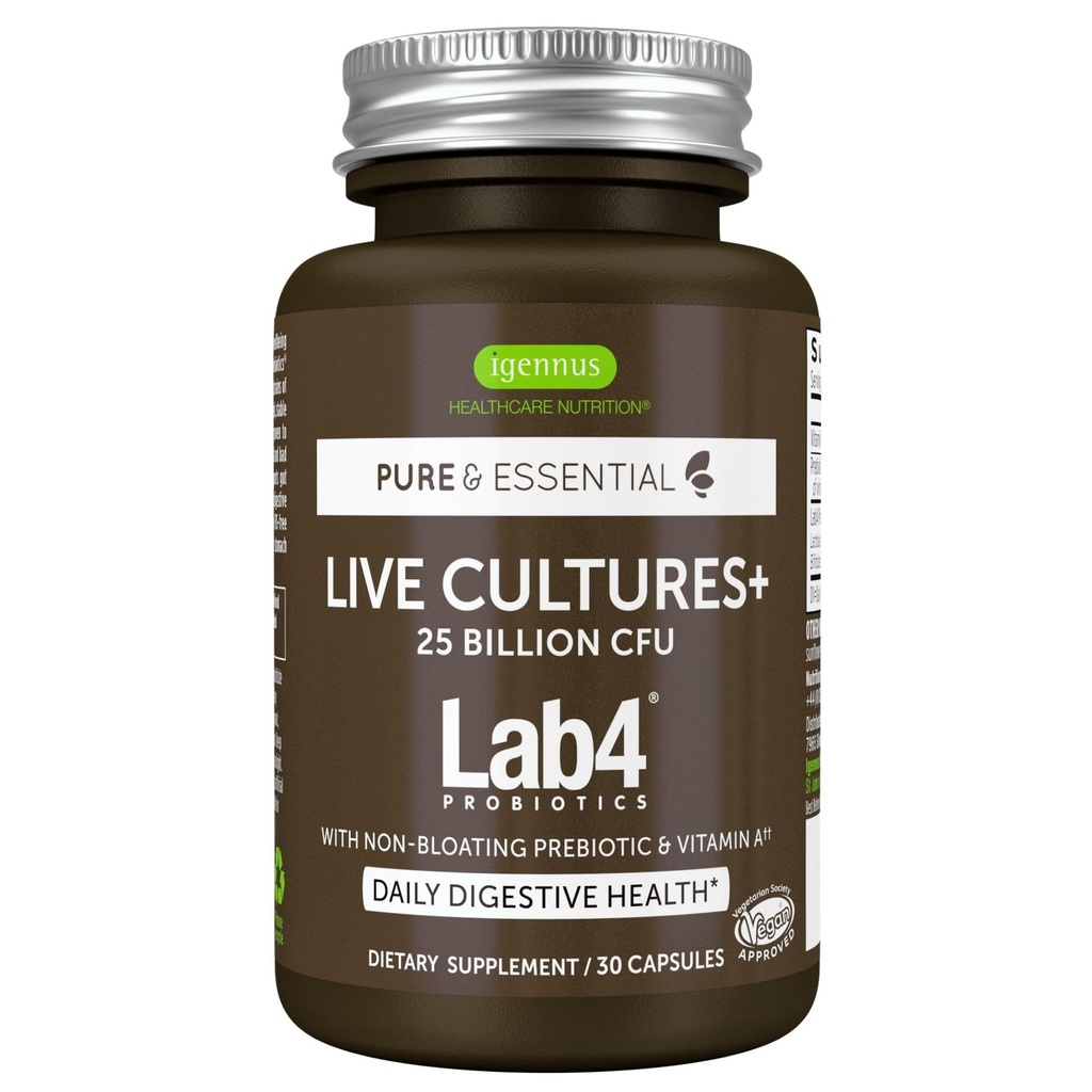 Igennus Probiotics & Prebiotic 2 in 1, Lactobacillus Acidophilus & Bifidobacterium, Gut Health Support, Live Cultures + Lab4, Gwarantowane 25 Miliard CFU, Kobiety & Mężczyźni, Non-Bloating, Non-GMO, 30 Kapsułki
