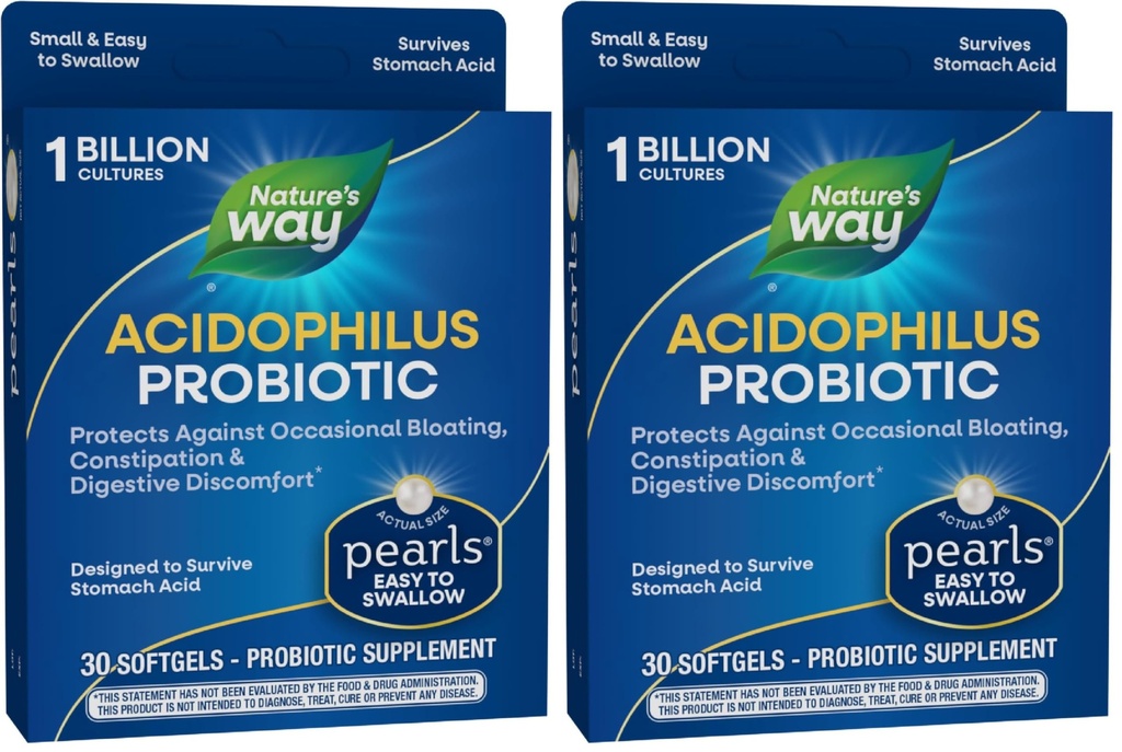 Nature 's Way Acidophilus Probiotic Perły, Popiera Digestive Balance & Gut Health, Reduce Okazjonalne zaparcia i wzdęcia *, 1 Miliard Kultur, 30 Softgels, (Opakowanie 2)