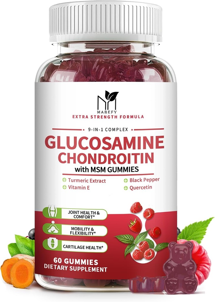 Glukozamina Gummie Chondroitin Potrójne siły (1000 mg Glukozamina, 750mg Chondroitin) z MSM, Turmeric, Quercetin, Witamina E, Suplement Joint Support, Antyoksydant 60 Gummies Malina Flavor