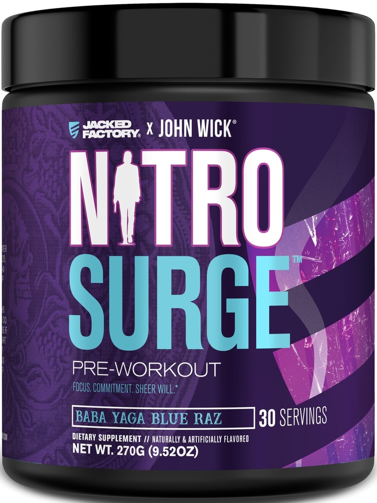 Jacked Factory X John Wick - Nitroshare Wick Pre Workout Supplement - Intensywna energia, Battle- Ready Focus, Niepowstrzymane zaangażowanie i Sheer Will - 30 Sług, Baba Yaga Blue Raz