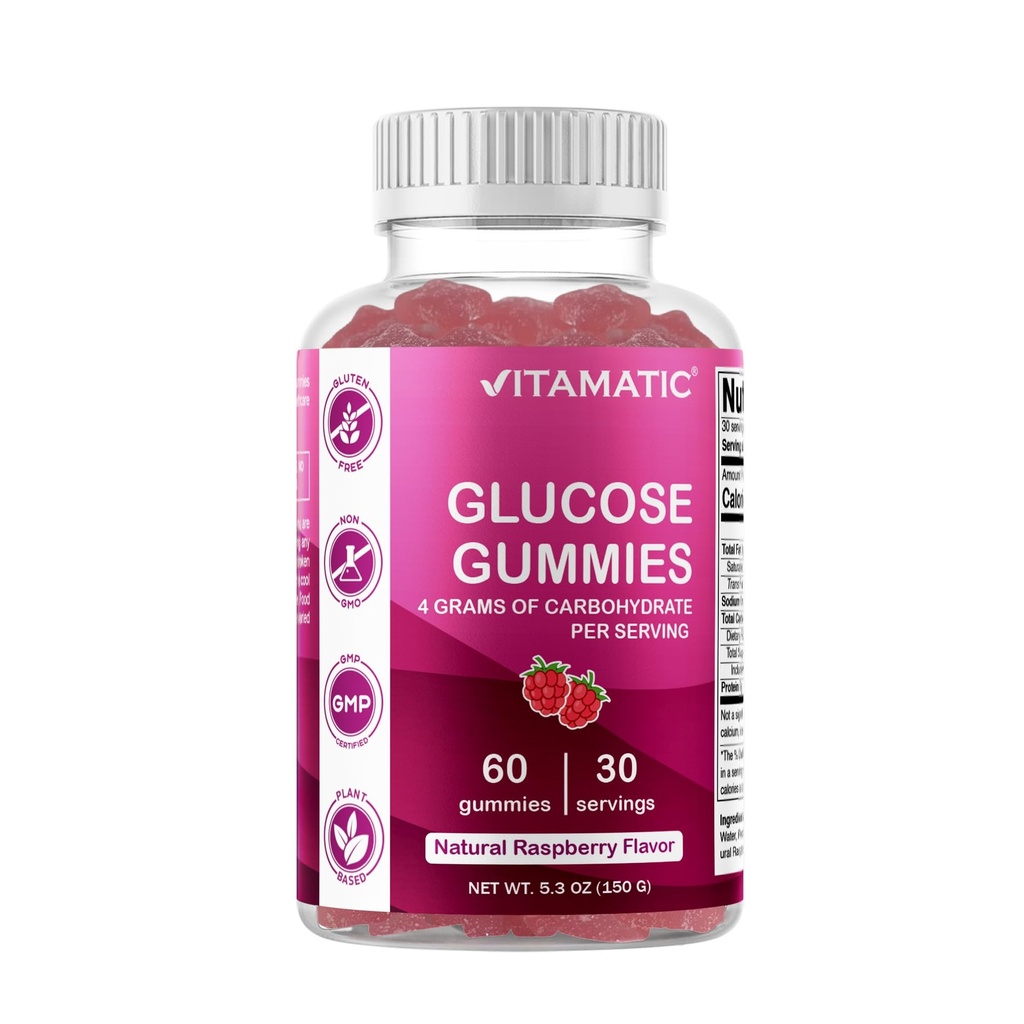 Witamatyczna Glukoza żuta Gummies - 60 Hrabia - Naturalny aromat malinowy - 4G węglowodanów na serwowanie (1 butelka)