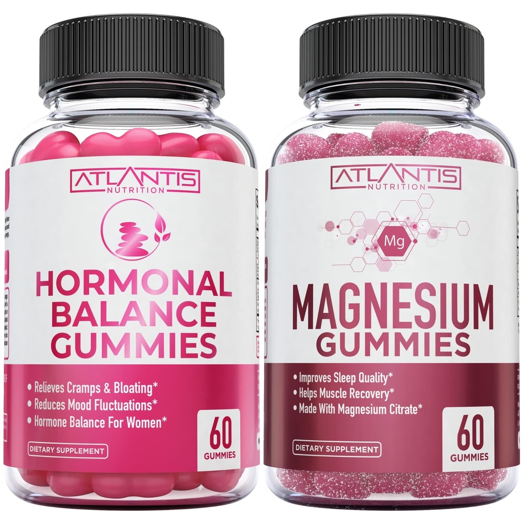 Hormonal Balance & Magnezu Gummies dla mięśni, PMS Gummies Zmniejszanie Bloating & Mood Swings, Magnezu pomaga zapobiegać skurczom i promocje mięśni Odzysk - 60 Wegańskie Gummies na butelkę