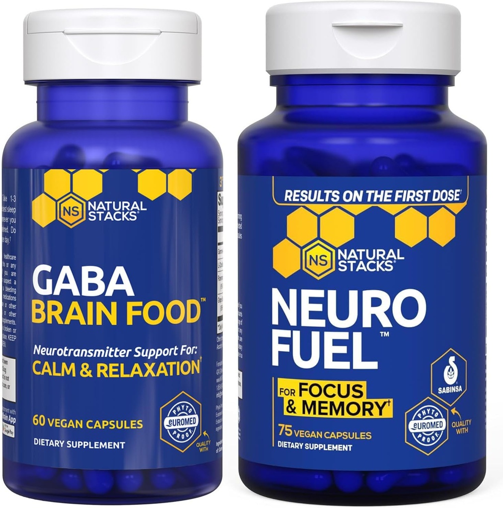 NATURAL STAKS Neurofuel Nootropic + GABA Brain Food Bundle - Wspomaga pamięć, relaks i ostrość * - 135 Kapsułki