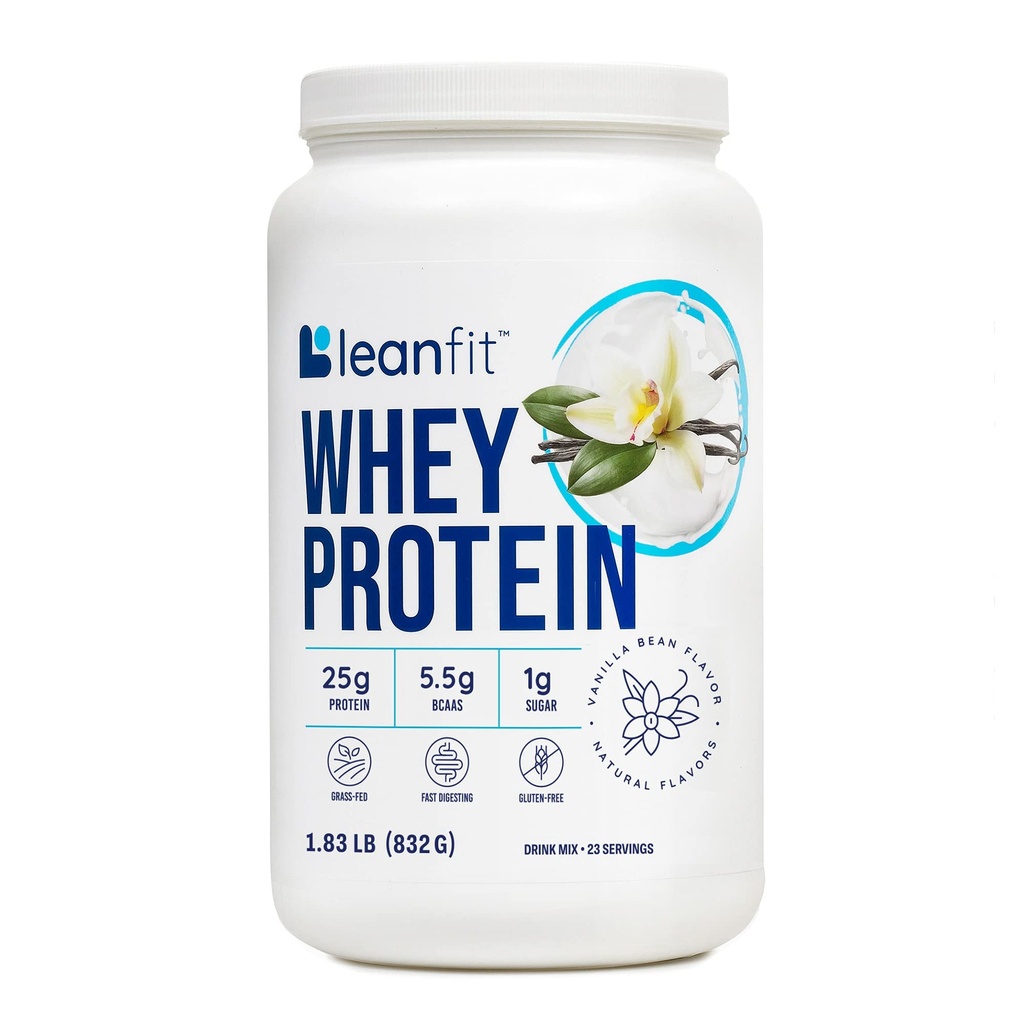 Białko LeanFit WHEY Natural Vanilla - 100% proszek z białka serwatki, 24 g białka na porcję - Grass- Fed, Gluten- Free, Low Carb, BCAA, Amino Acid - 23 Słupki, 1.83 Tuba doniczkowa