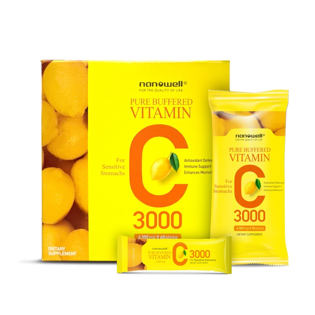 NANOWELL Pure Buffered Witamina C 3000 mg na serwowanie, Suplement diety do wsparcia immunologicznego - 60 Sticks x 1 Pudełko, 2 Miesiące dostaw (60 Count)