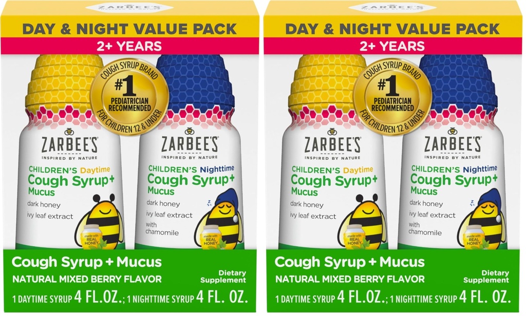 Syrop miodu dla dzieci Zarbee + Mucus Day & Night Value Pack, Daytime & Nighttime Toddler Syrop z kaszlu, Dark Honey, Ivy Leaf Extract, Rumianek, Mieszany Flavor Berry, 4 Fl Oz, (Opakowanie po 4)