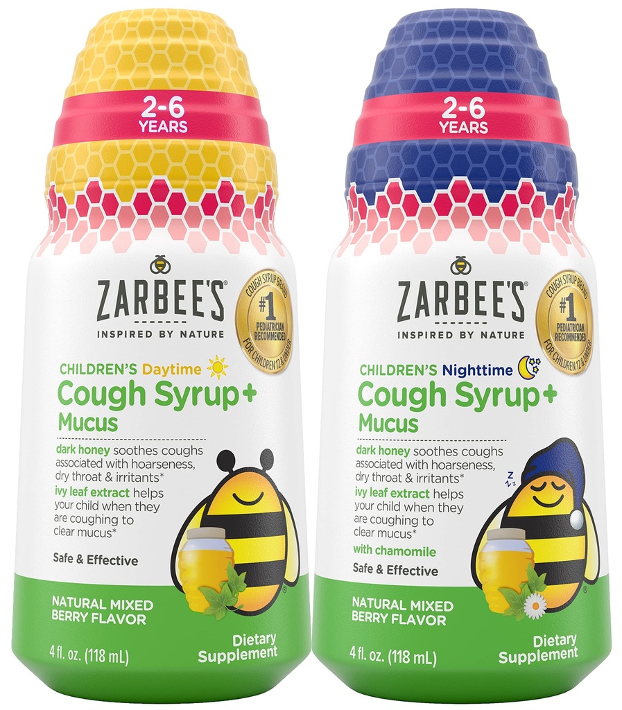 Paleta dzieci Zarbee 's Cough + Mucus Daytime i Nighttime dla dzieci 2- 6 z Dark Honey, Ivy Leaf, Cynk & Elderberry, 1 Pediatrician Recommended, Drug & Alcohol- Free, Mieszane Berry Flavor, 4FL Oz