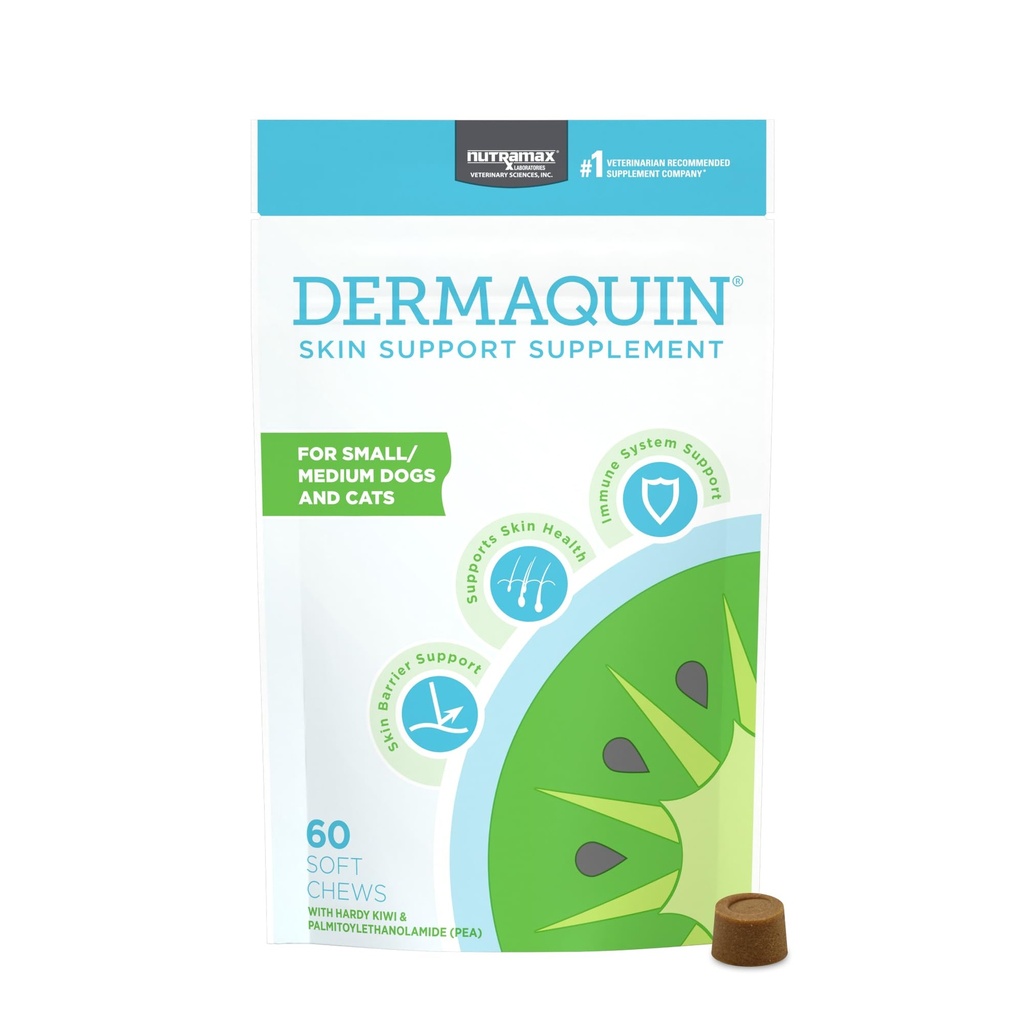 Nutramax Dermaquin Skin Support Supplement for Small to Medium Dogs and Cats, Supports Healthy Response to Allergens, with Hardy Kiwi, Omega-3s, and More, Tasty Soft Chews, 60 Count