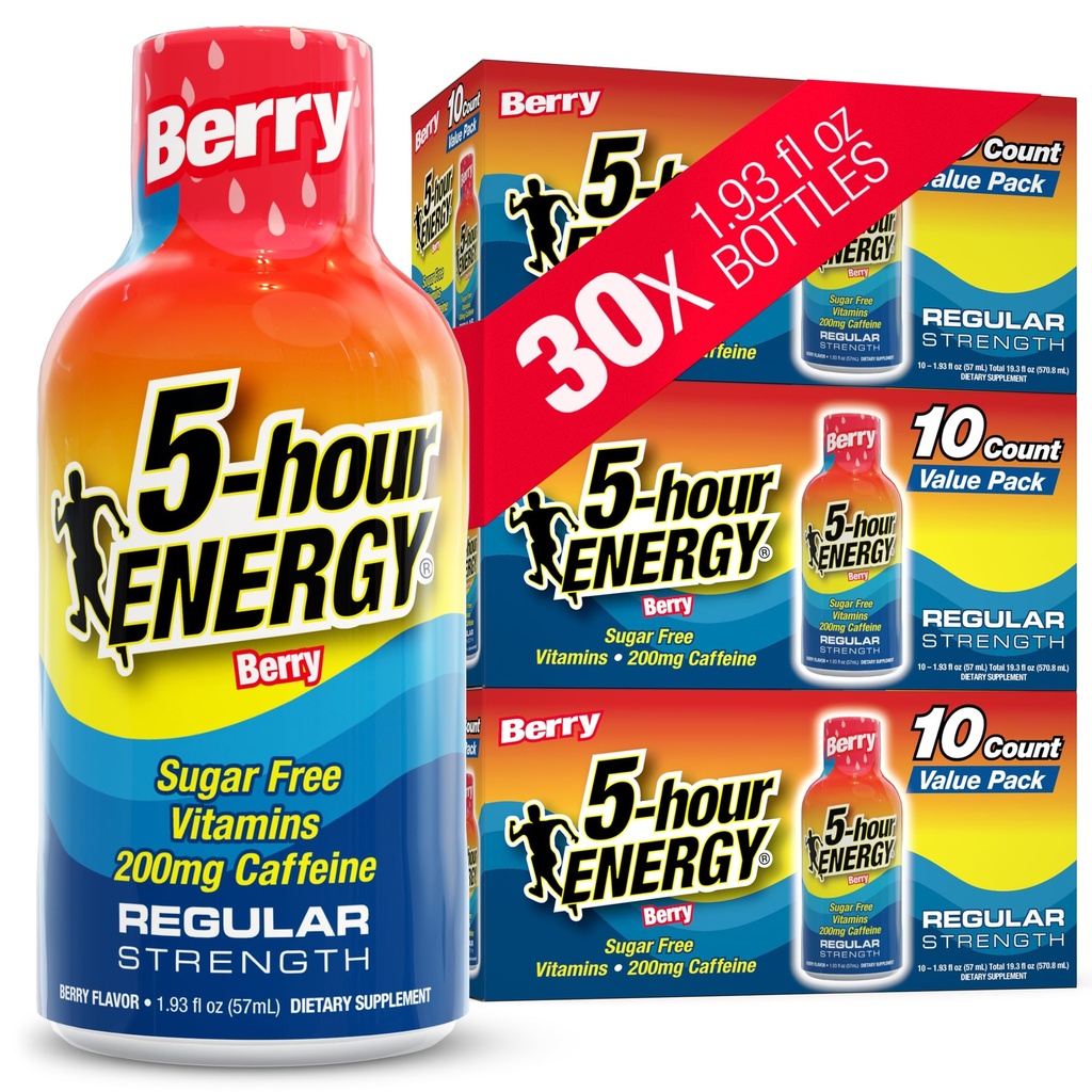 5-godzinna siła strzałów ENERGY Regular Shots, Berry Flavor, 30 Count, 1.93 Fl Oz, Sugar Free, Zero Calories, Amino Acids and Esential B Vitamin, Suplement diety, Feel Alert and Energized, 200 mg Caetine