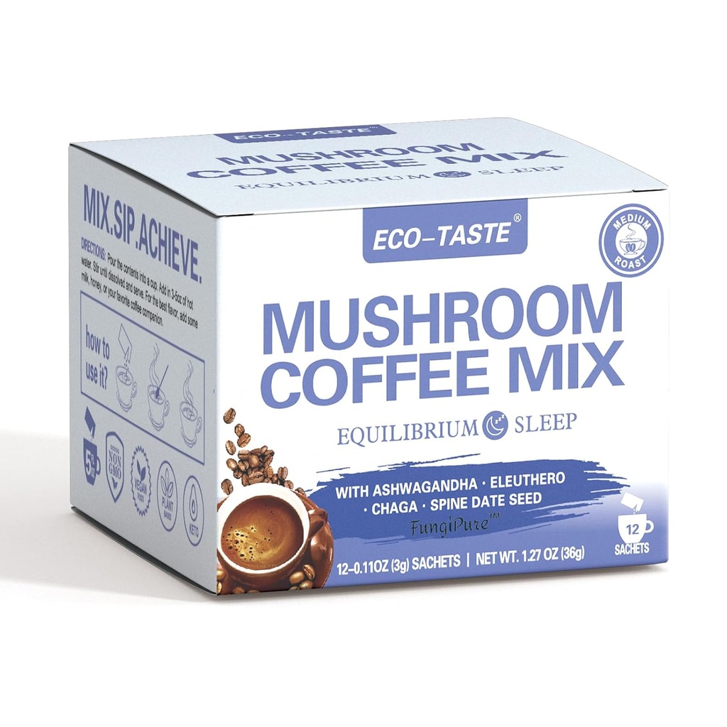 ECO- TASTE Mushroom Coffee Mix, Zaprojektowany dla równowagi z Ashwagandha, Eleuthero, Chaga, Nasiona Spin - 12 Sachets