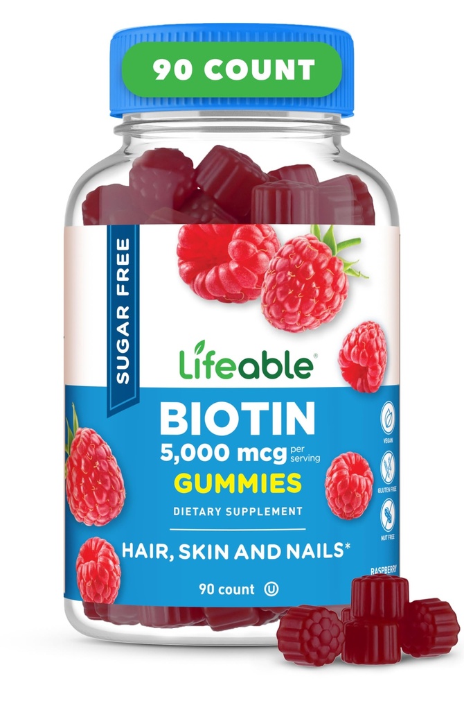 Żywotne, wolne od cukru Gummie Biotin XI124; 5000mcg Witamina B7 XI124; Great Tasting Biotin Supplement XI124; dla zdrowia włosów, skóry i paznokci XI124; Suplement do włosów dla kobiet, mężczyzn, dorosłych 124; 90 Gummies