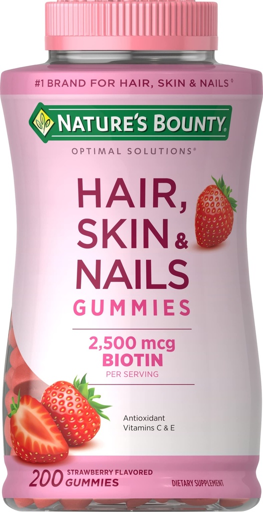 Nature 's Bounty Optimal Solutions Włosy, Skóra i Nails Gummies z Biotin, 2500 mcg, Strawberry Flavored, 200 Hrabia, 100 Razem Służenie