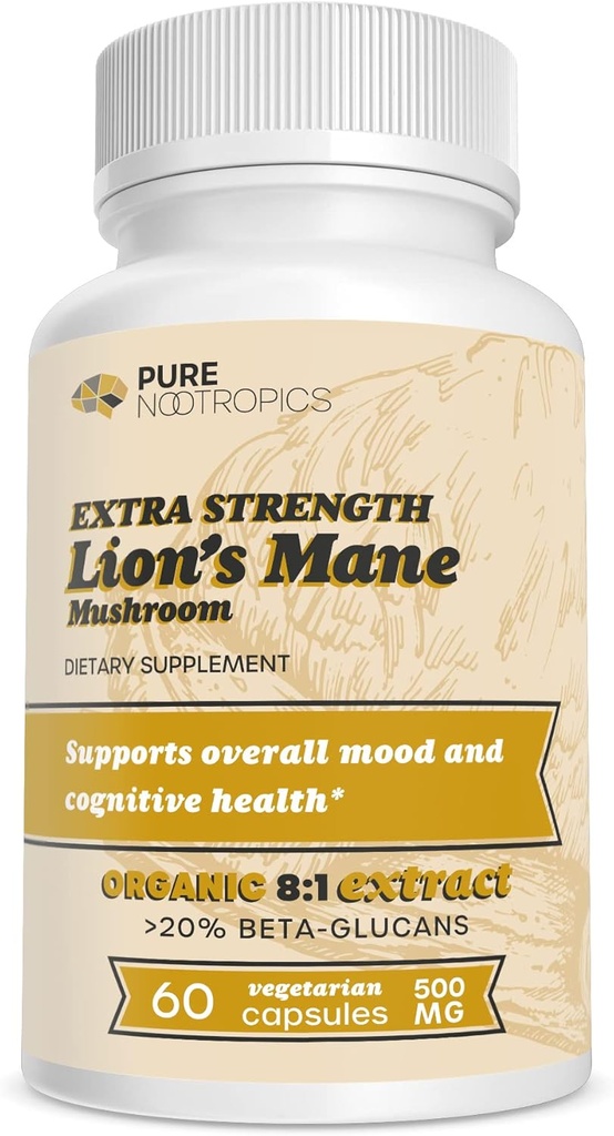 Pure Nootropics - Organic Lion 's Mane 8: 1 Mushroom 500 mg < 124; Dual Extract < 124; 60 Vegetarian Caps < 124; > 20% beta- glukany > 124; Hericium erinaceus < 124; Brain Health