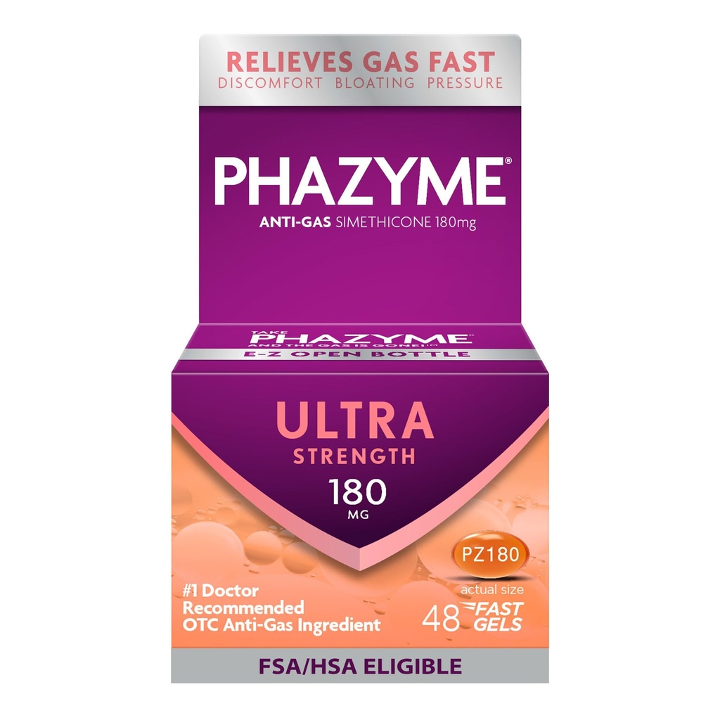 Ulga gazowa Phazyme, ultra-silny gaz i ulga wzdęcia dla dorosłych, 180 mg symetykon szybko żele, 48