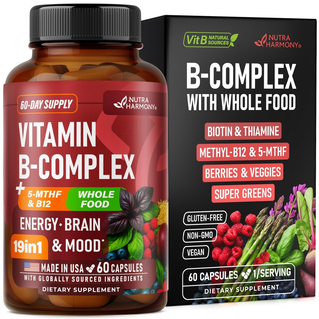 Witamina B Complex - B1 XI124; B2 XI124; B3 XI124; B5 XI124; B6 XI124; Biotin XI124; B12 XI124; 5- MTHF - Astragalus & Whole Food Blend - Energia, Metabolizm i Mózg - Witaminy B dla kobiet i mężczyzn - Made in USA - 60 kapsułki, 60 Days Supply
