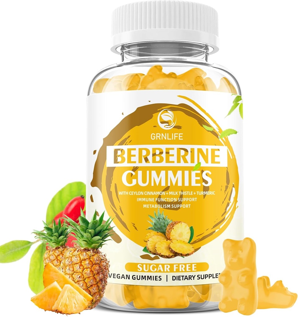 Berberyjskie gumki z Ceylon Cynamon 1500mg Wysoka potencja Berberyna HCL Suplement do wsparcia immunologicznego i metabolizmu, Bez cukru, Flavor ananasowy - 60 Hrabia