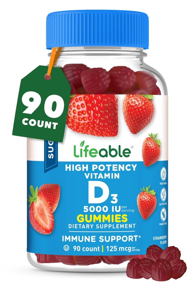 Żywy Sugar Free Witamina D 5000 IU - Great Desting Natural Flavor Gummy Supplement - Gluten Free Vegetarian GMOFree Chewable - dla immunologicznego wsparcia i zdrowia kości - dla dorosłych - 90 Gummies