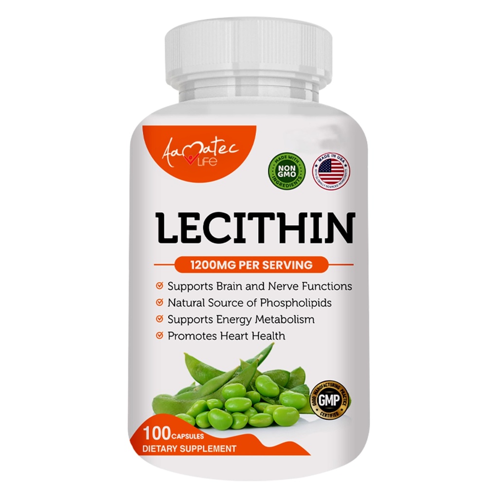 Soy Lecithin 1200mg Capsules Supplement for Heart, Liver & Brain Health – Supports Immune System, Brain Function & Metabolism - Non-GMO & Made in The USA- 100 Capsules / 1200mg
