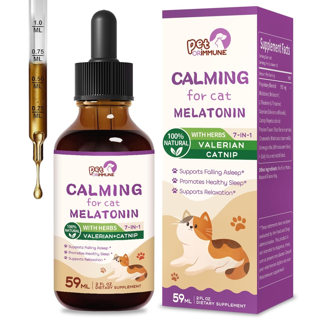 Kot Melatonin Natural Calming Drops, Wsparcie Upadek sen & Zdrowy sen, Ziołowy ekstrakt suplement relaksacyjny z L-Theanine, Valerian, Kocimiętka, kwiat namiętności i rumianku. 2 oz