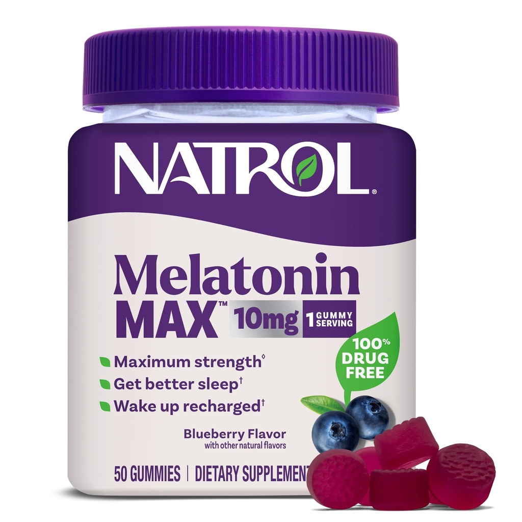 Natrol Melatonina 10mg Sleep Aid Supplement, 50 Hrabia MelatoninMax Gummies, Blueberry Flavor, 10 mg Melatonina Gummies dla Okazjonalnej bezsenności, 50 Day Supply