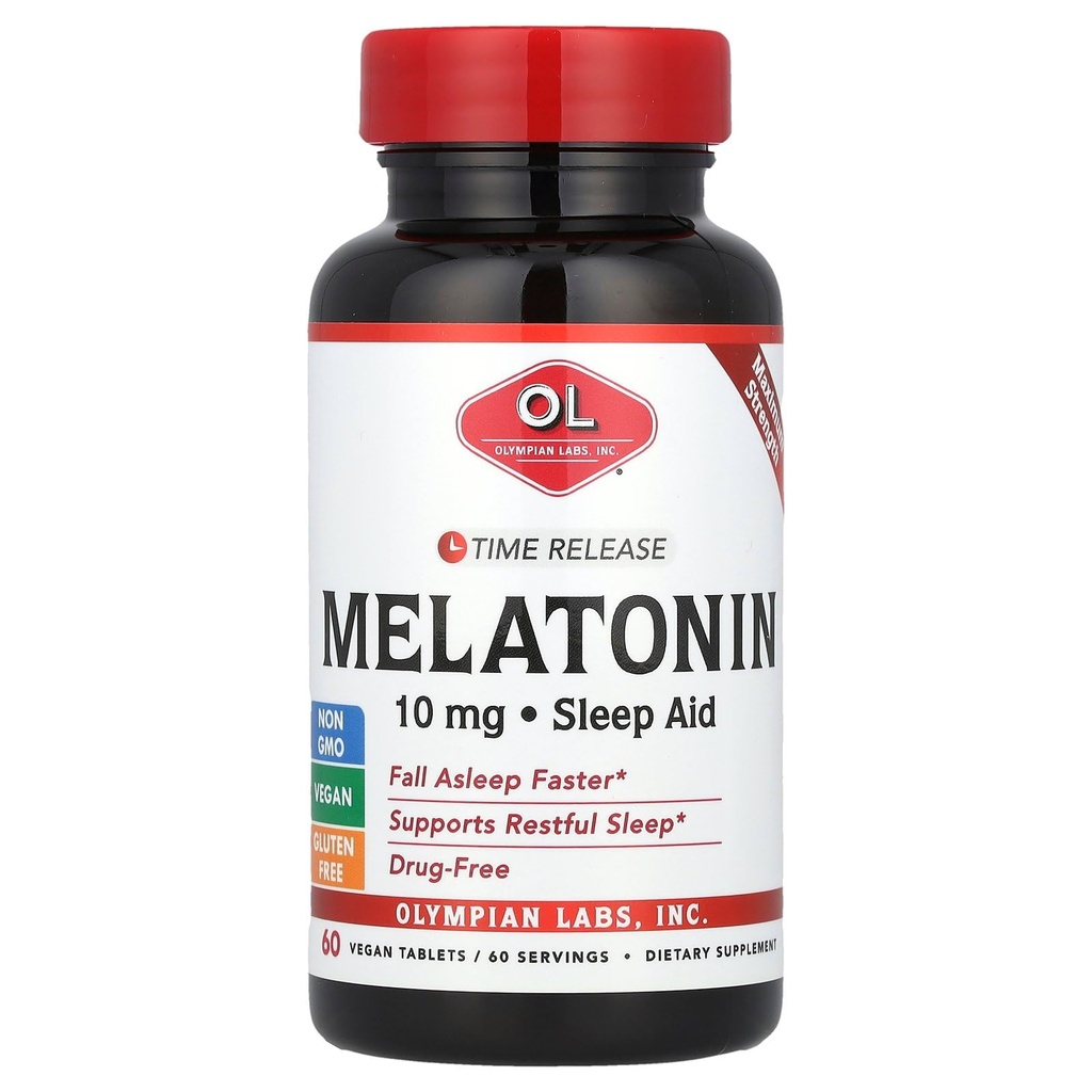 Olympian Labs Melatonina 10 mg Czas uwalniania z witaminą B6 - Maksymalna moc tabletki - Bez narkotyków, Wspomaga Resteful Sleep, Nighttime Sleep Aid - 60 Vegan Tablets (60 Servings)