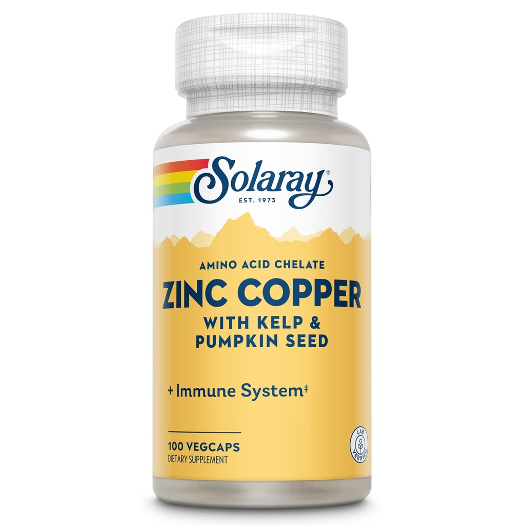 SOLARAY Cynk Miedź Amino Acid Chelate - Suplement immunologiczny Cynk 50mg - Bone, Skin, Heart Health and Thyroid Support - z jodu z Kelp, 60- Day Guarantee, 100 Serv, 100 VegCaps