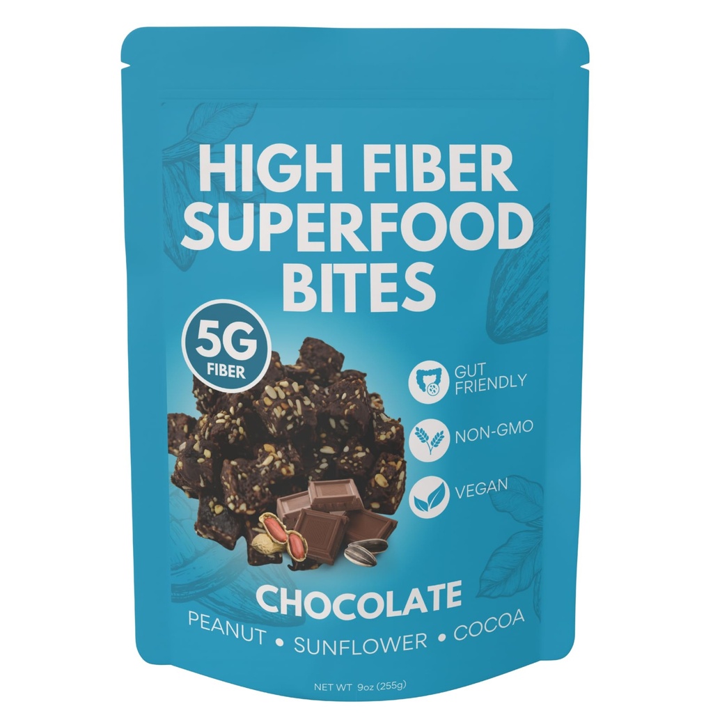 High Fiber Superfood Bites 5g, Clean Fiber Snacks for Adults, Peanut, Cocoa, Date Flavor, High Fiber Foods No Added Sugar, Vegan Fiber Snack, Supports Digestion, Regularity, Gut Health Snack 30 Count
