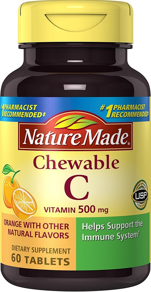 Nature Made Witamina do żucia C 500 mg tabletki, 60 Hrabia pomóc Wsparcie układu immunologicznego (Opakowanie 3)