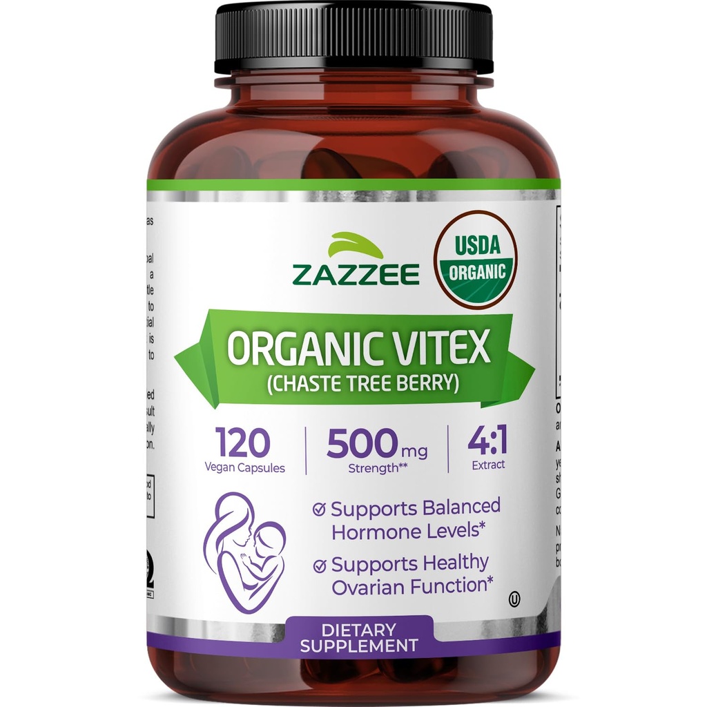 Zazzee USDA Organic Vitex 4:1 Extract, 120 Vegan Capsules, 4 Month Supply, Chaste Berry, Hormonal Balance & Cycle Support for Women, Certified Kosher, Vitex Agnus-Castus, Non-GMO, Made in the USA