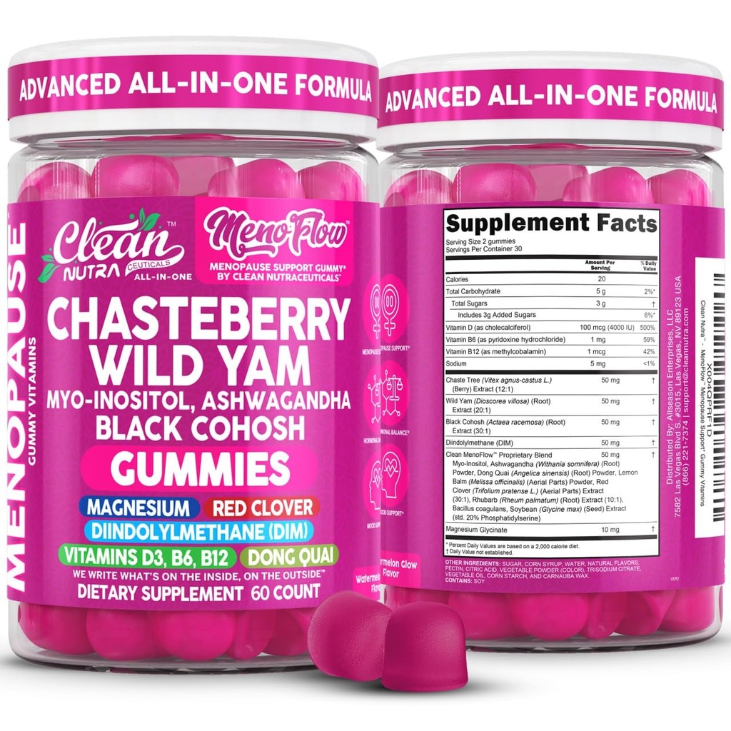 Clean Nutra Menopause Supplements for Women Chastberry Wild Yam Gummies Inositol Black Cohosh Magnesium Red Clover DIM Supplement B6 Magnesium Glycinate Glycine Vitex Hormone Balance Gummy Vitamins