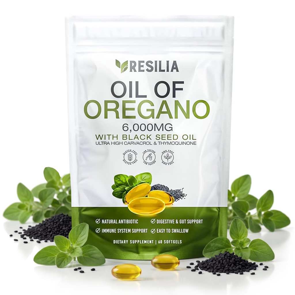 Resilia Softgels with Black Seed Oil 6000mg – Organic Oregano Oil Capsules for Immune & Digestive Support – Non-GMO, Gluten-Free Softgels – Natural Herbal Wellness Supplement (60 Count)