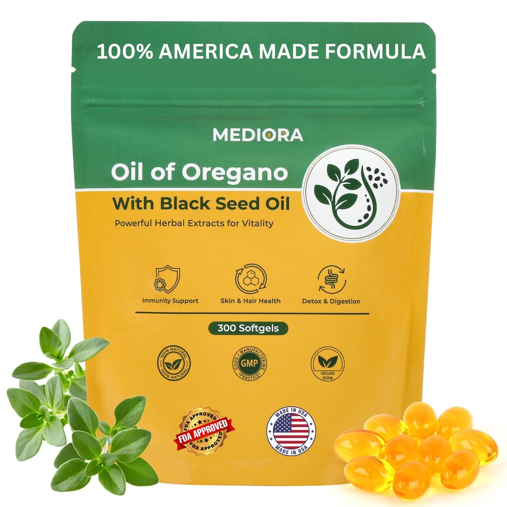 Oil of Oregano with Black Seed Oil Softgels, 300 Count, 2 in 1 Organic Oregano Capsules for Digestive & Immune Support, Carvacrol & Thymoquinone, Plant Based, Non-GMO, Gluten Free