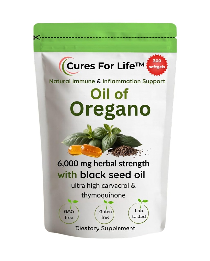 Oil of Oregano Softgels – 6000mg High Potency with 165mg Carvacrol & 200mg Black Seed Oil – 2-in-1 Immune Support & Digestive Health – 300 Softgels – Oregano Oil Capsules Supplement